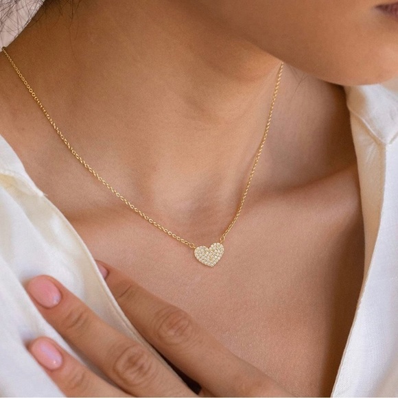 GOLD 14k Gold Plated CZ Heart Shaped Pendant Chain Necklace - Picture 1 of 3